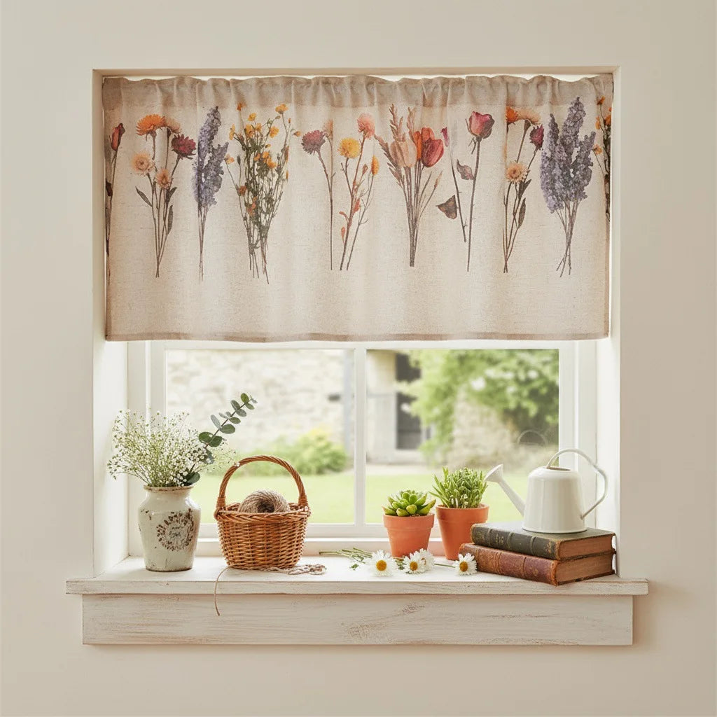rideau cuisine fleurs beige marron vert orange violet opacité rustique 100x60cm 150x60cm