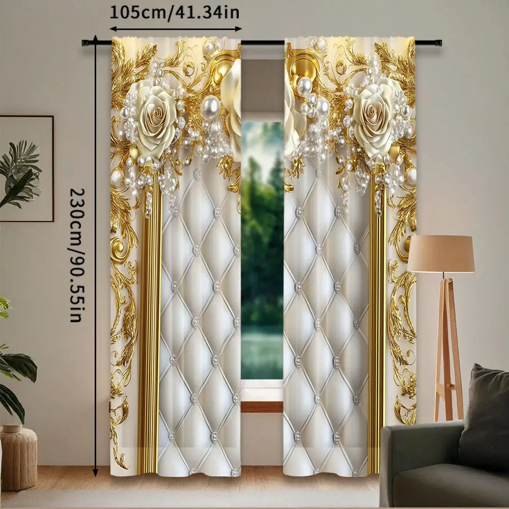 rideau deux pièces polyester roses blanches dorées classique baroque opaques blanc doré beige