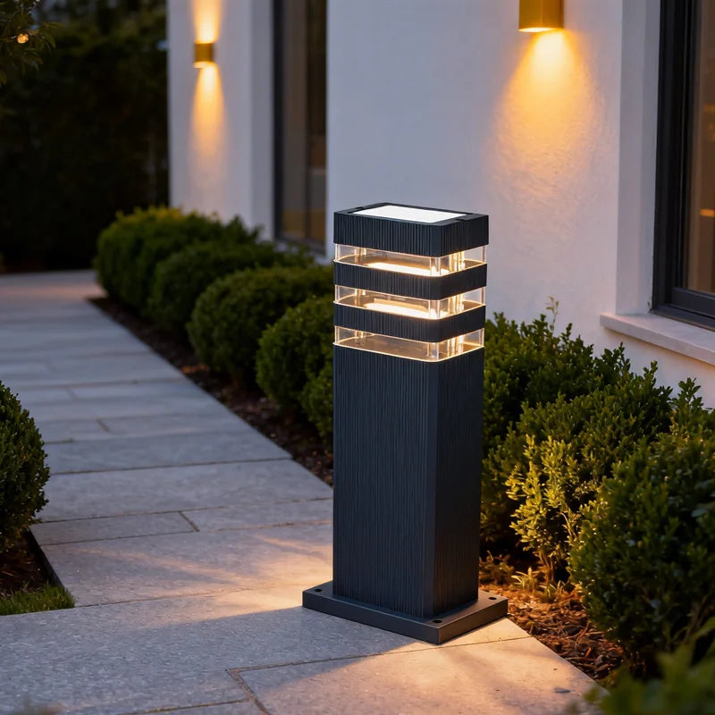 lampadaire moderne solaire extérieur panneau transparent minimaliste aspect boisé fixations sol lumière led aluminium