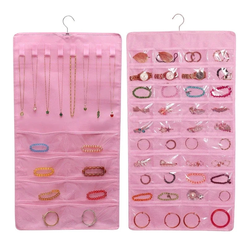 porte bijoux suspendu transparent moderne crochets grilles bagues boucles d'oreilles colliers montres cheveux beige