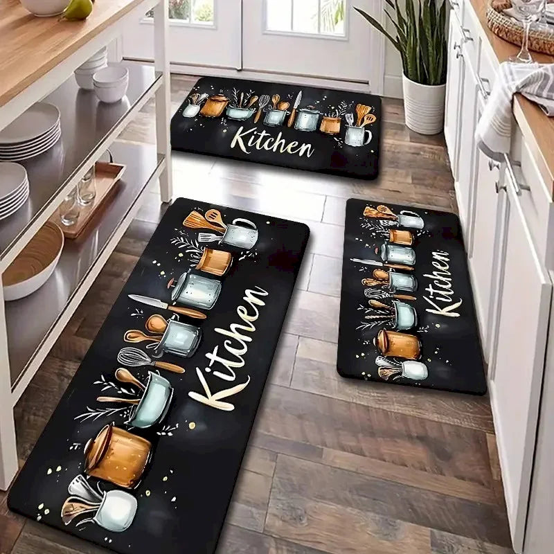 tapis cuisine antidérapant polyester feutre moderne illustration ustensiles noir blanc doré