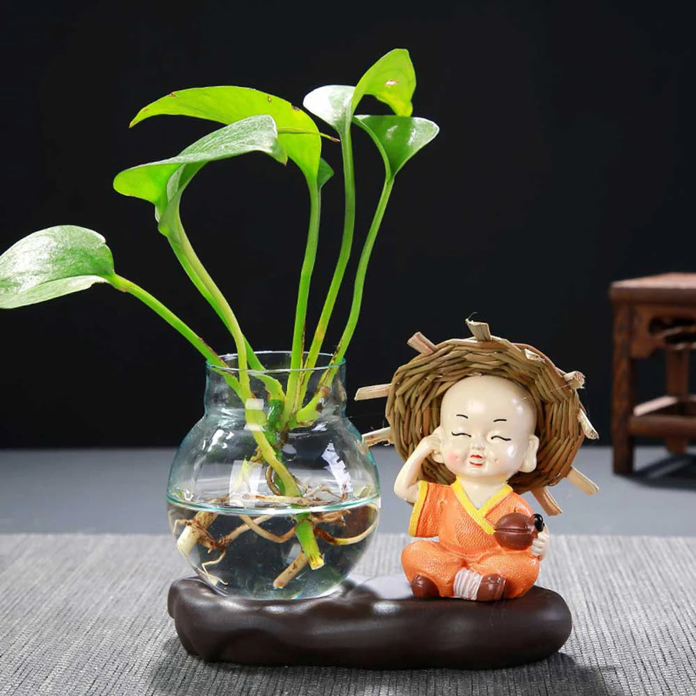 vase verre transparent plante figurine monks artisanal décoration table maison étude balcon living room