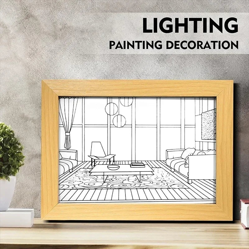 lampe ambiance rectangle cadre photo monochrome diffusion lumiere texture bois moderne