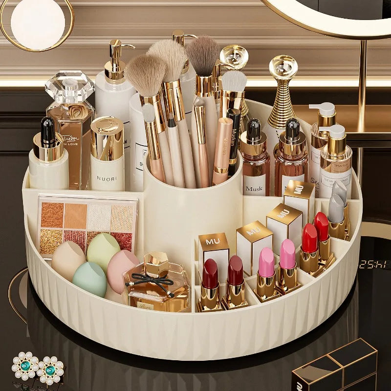 organisateur maquillage rotatif beige rayures moderne brosse parfum crème poudre rouge palette