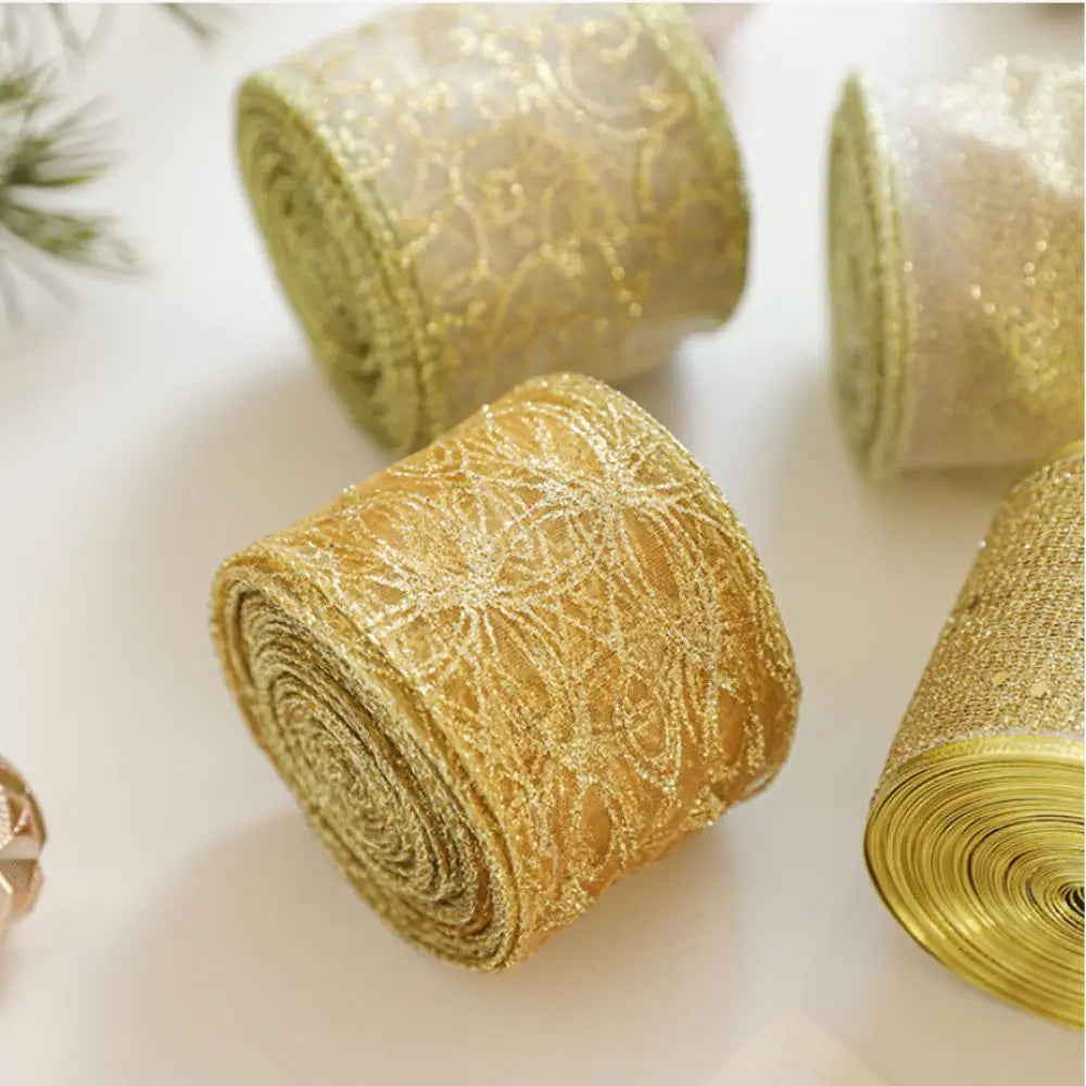 ruban noel or blanc motif floral tissu decoratif bricolage cadeau noel