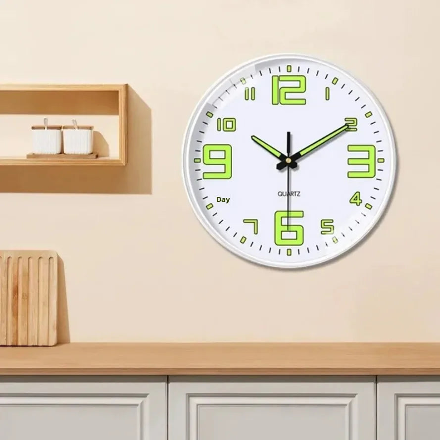 horloge murale moderne chiffres vert fluorescent fond noir blanc