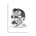 Un portrait d'homme avec une moustache et des cheveux bouclés est utilisé pour promouvoir les produits capillaires et de soins du visage de la marque Woodbury, présentés comme fabriqués par un dermatologue expérimenté.