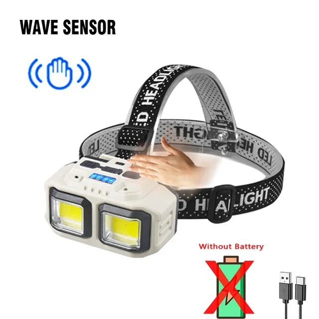 lampe frontale led beige noir tissu points noirs charge type batterie interrupteur indications niveau