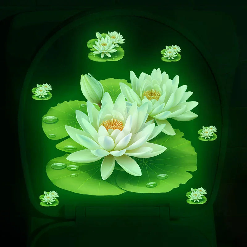 cache siège toilette adhésif fleurs lotus blanc vert bleu jaune réaliste salon salle bain