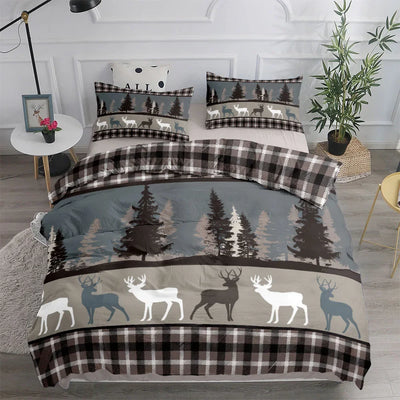 Housse de couette carreaux cerf forêt vintage sur lit double
