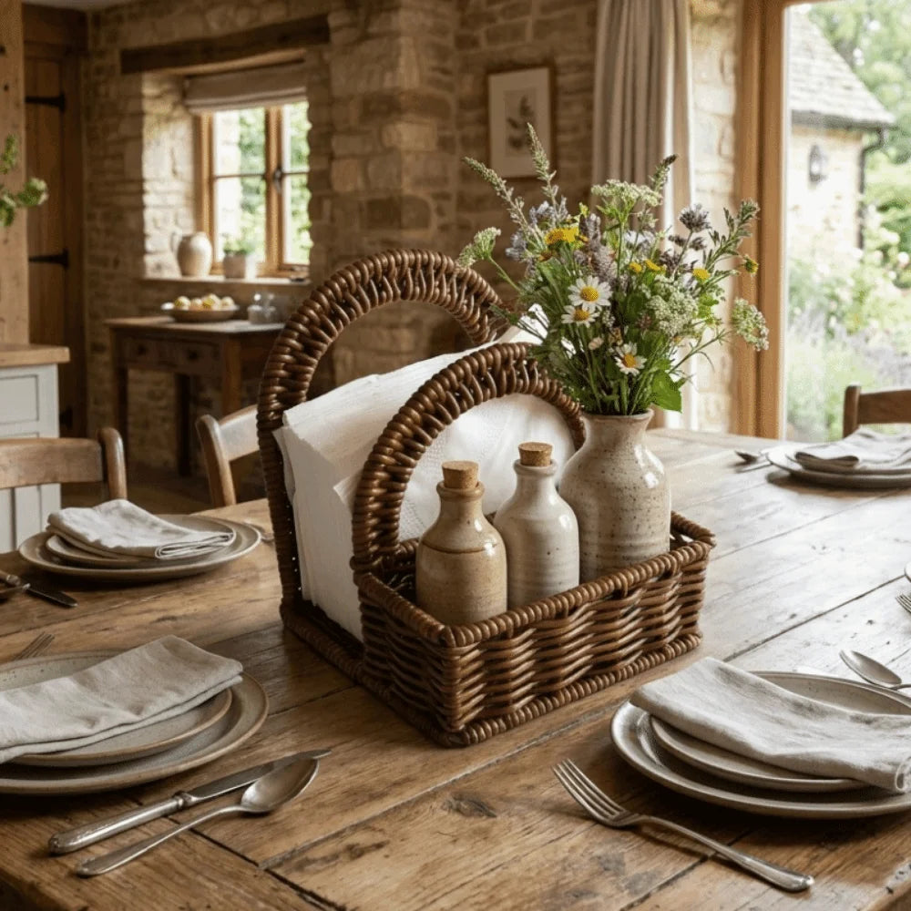 panier tressé marron clair rustique serviettes blanches objets décoratifs table
