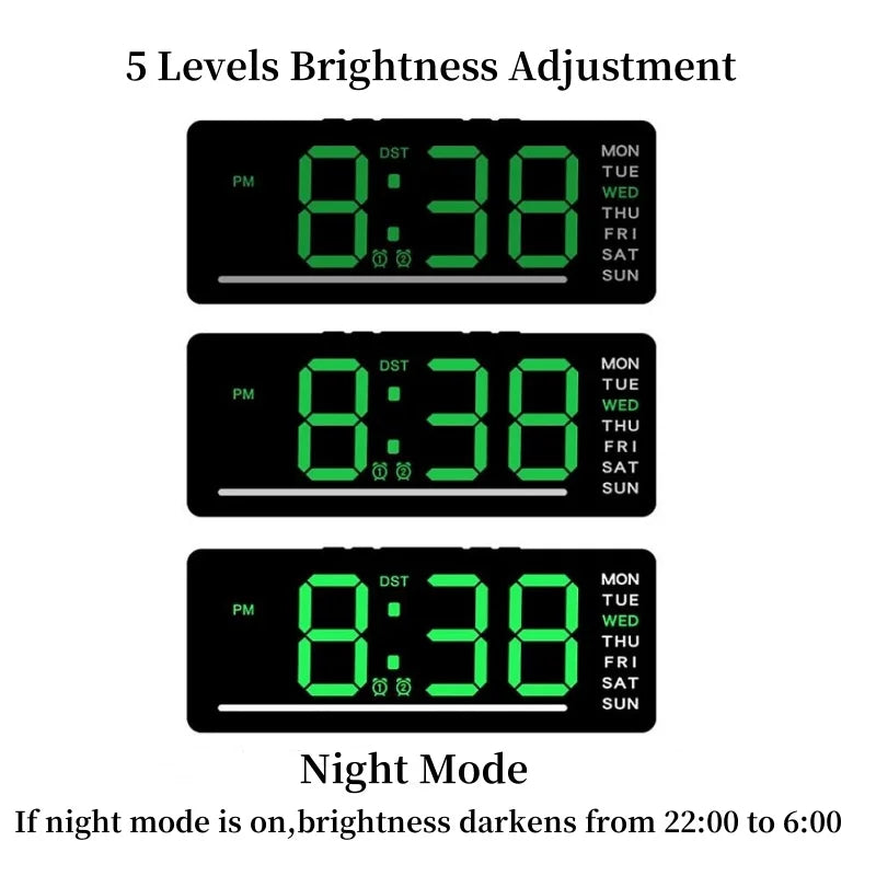 horloge numérique led affichage semaine double alarme noir vert bleu moderne minimaliste