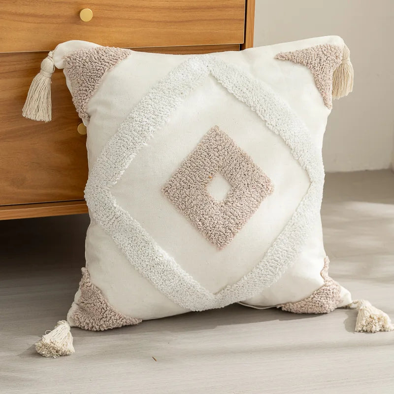 taies d'oreiller carrées 45x45cm moderne motifs géométriques blanc marron vert bleu beige tasseaux