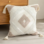 taies d'oreiller carrées 45x45cm moderne motifs géométriques blanc marron vert bleu beige tasseaux
