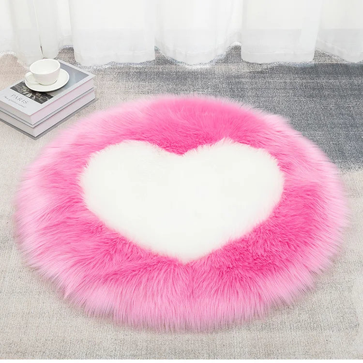 tapis rond blanc rose fourrure coeurs moderne doux salon chambreDecoration