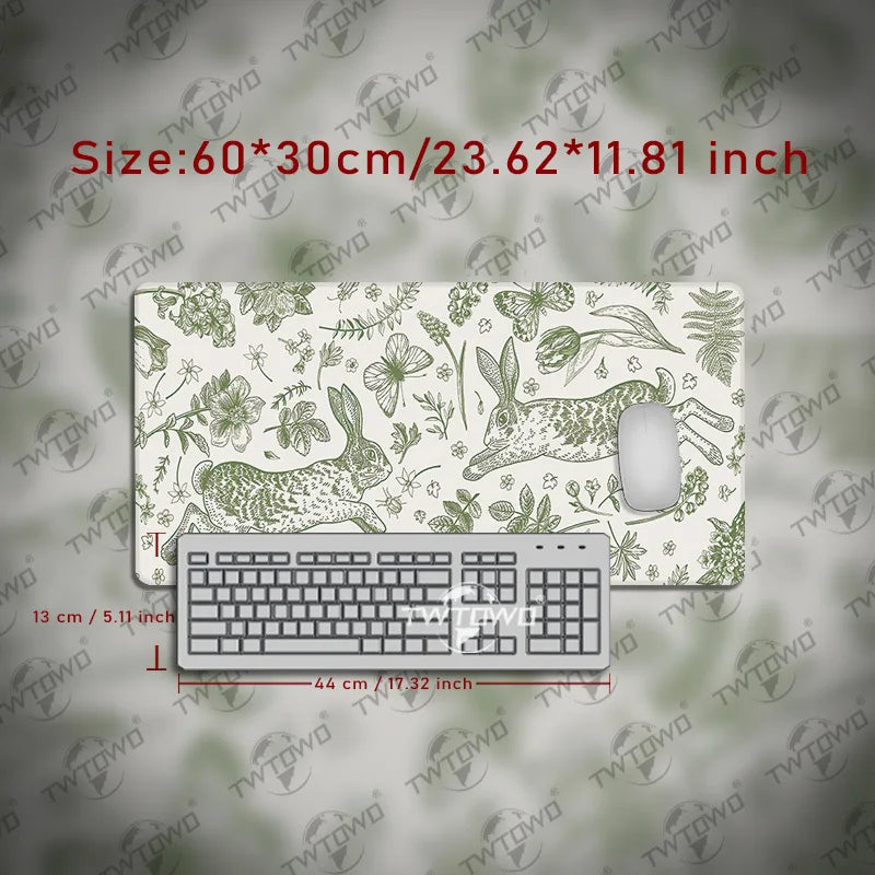 tapis souris lapin vert fleurs graphique adhésif grande taille gamer blanc naturel