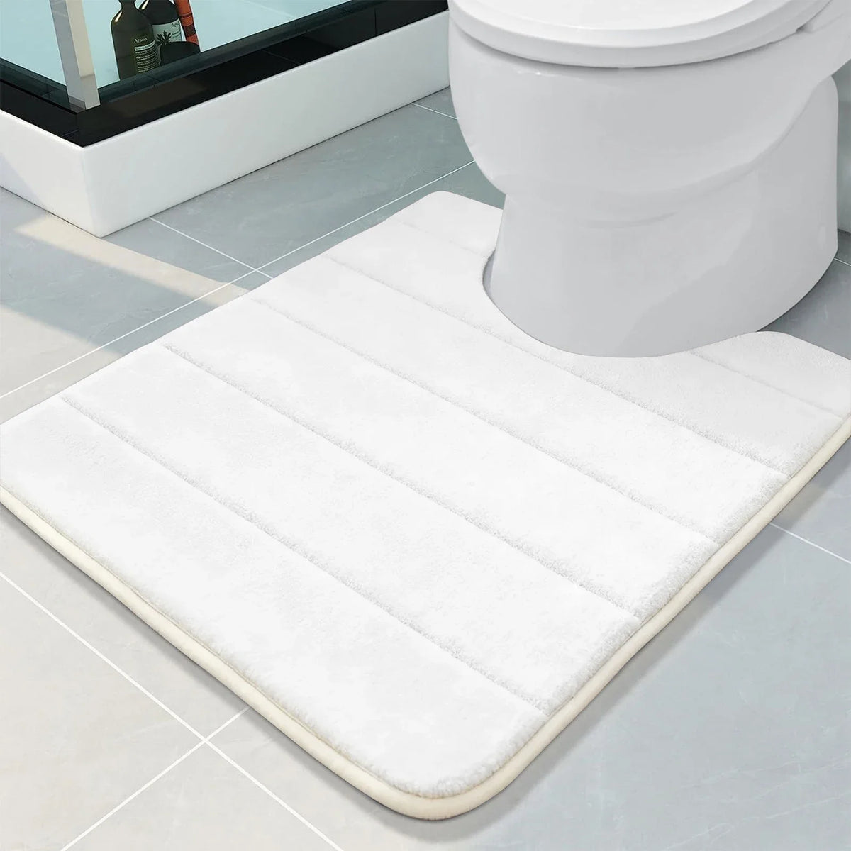 tapis salle bain moderne deux textures gris vert antidérapant bouclé rayures minimaliste