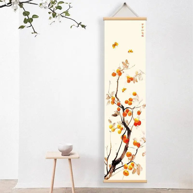 tableau suspendu traditionnel floral oiseaux fleurs fruits branches beige bleu rouge noir violet rose