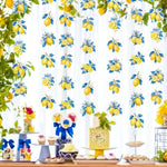 rideau blanc jaune bleu motif citron feuilles adhésif décoration anniversaire fête vintage