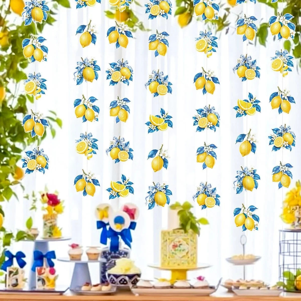 rideau blanc jaune bleu motif citron feuilles adhésif décoration anniversaire fête vintage