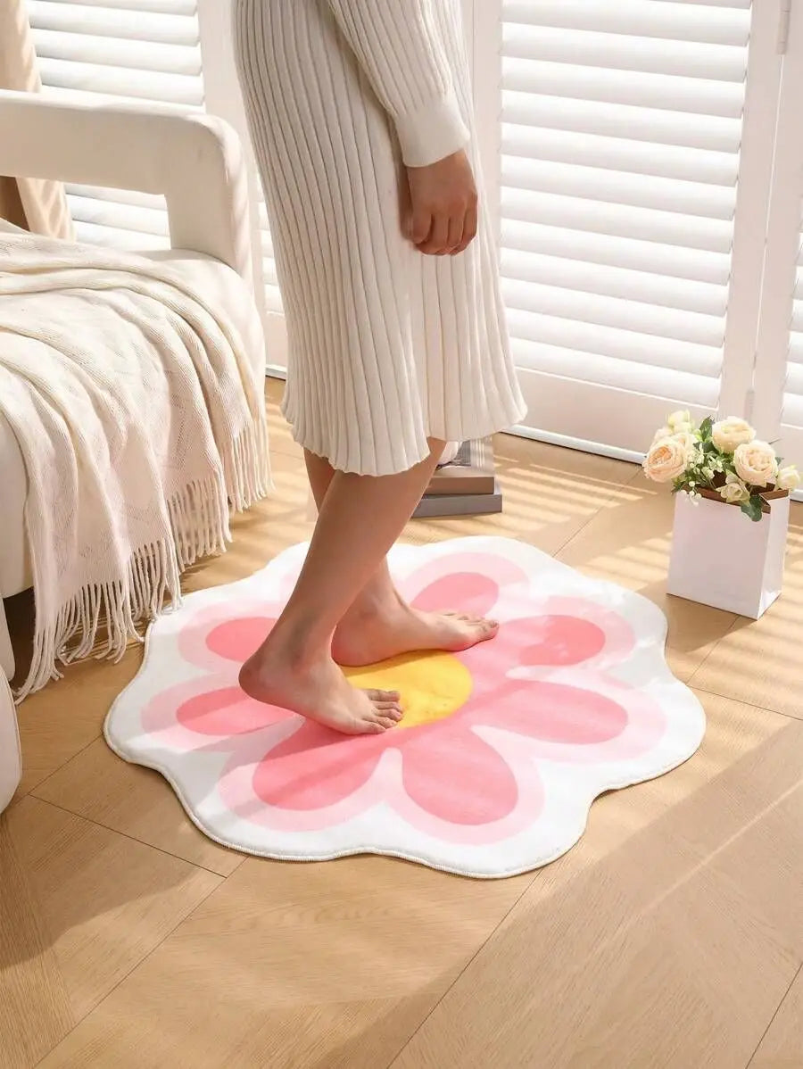 tapis fleur stylisé moderne rose blanc jaune antidérapant imperméable extérieur intérieur