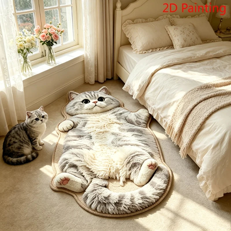 tapis sol chat tigré peluche gris blanc beige doux antidérapant chambre salon maison