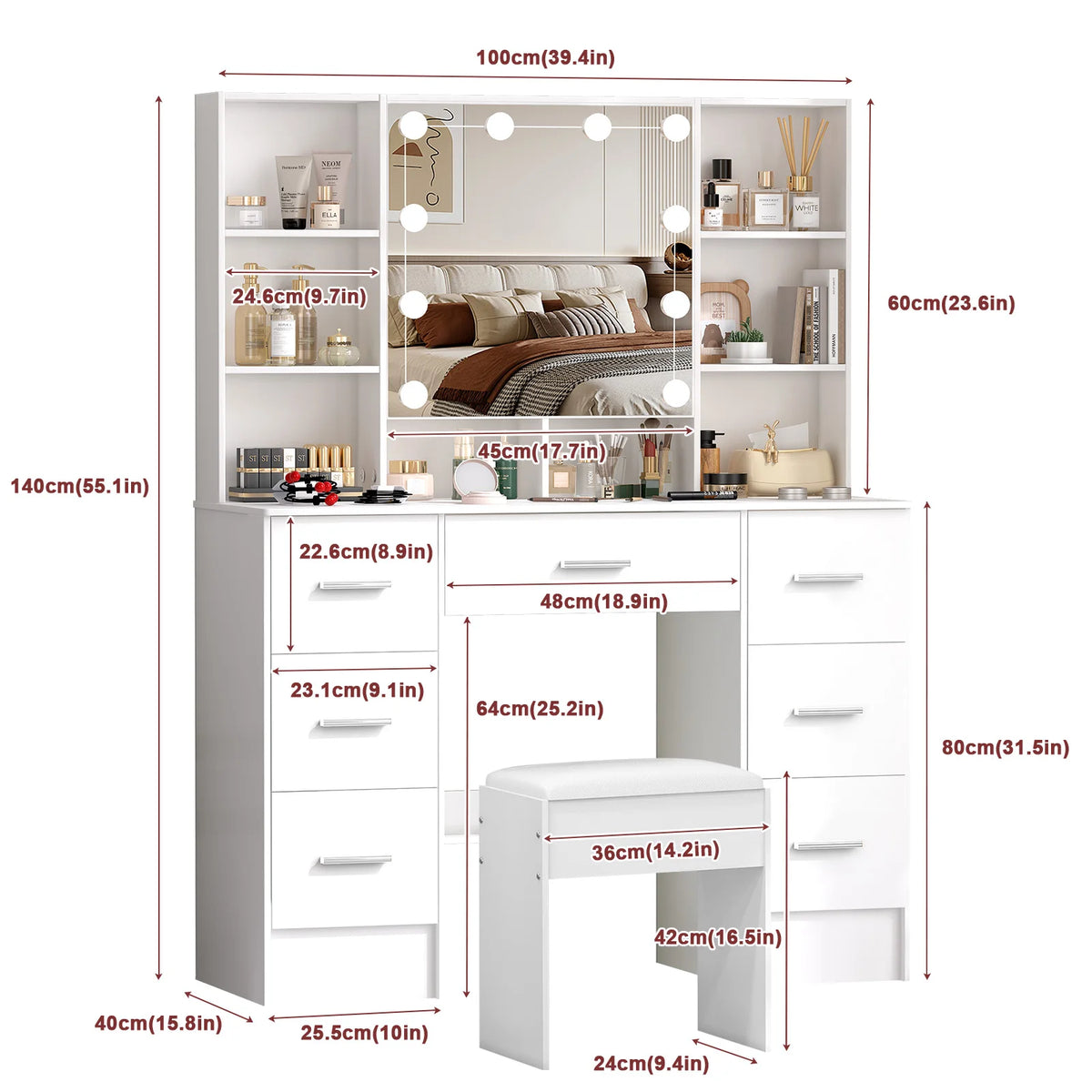 table maquillage moderne blanc miroir glissière éclairage led