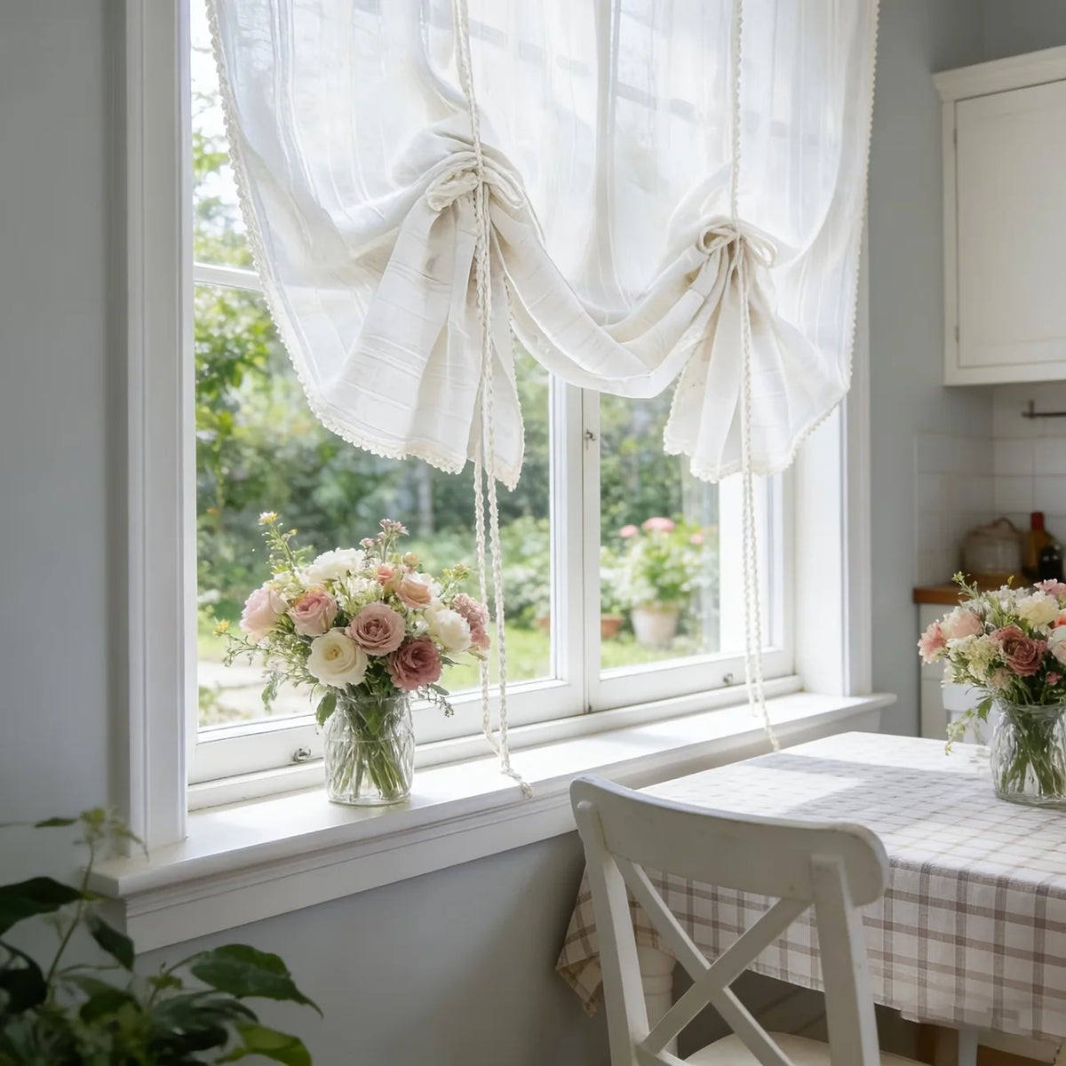rideau voilage lin blanc cassé crème champêtre rustique bohème translucide tringle cordon nœud