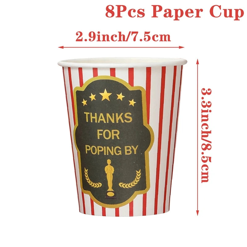 décoration anniversaire thème cinéma assiettes jetables serviettes gobelets nappe guirlande popcorn rouge noir doré