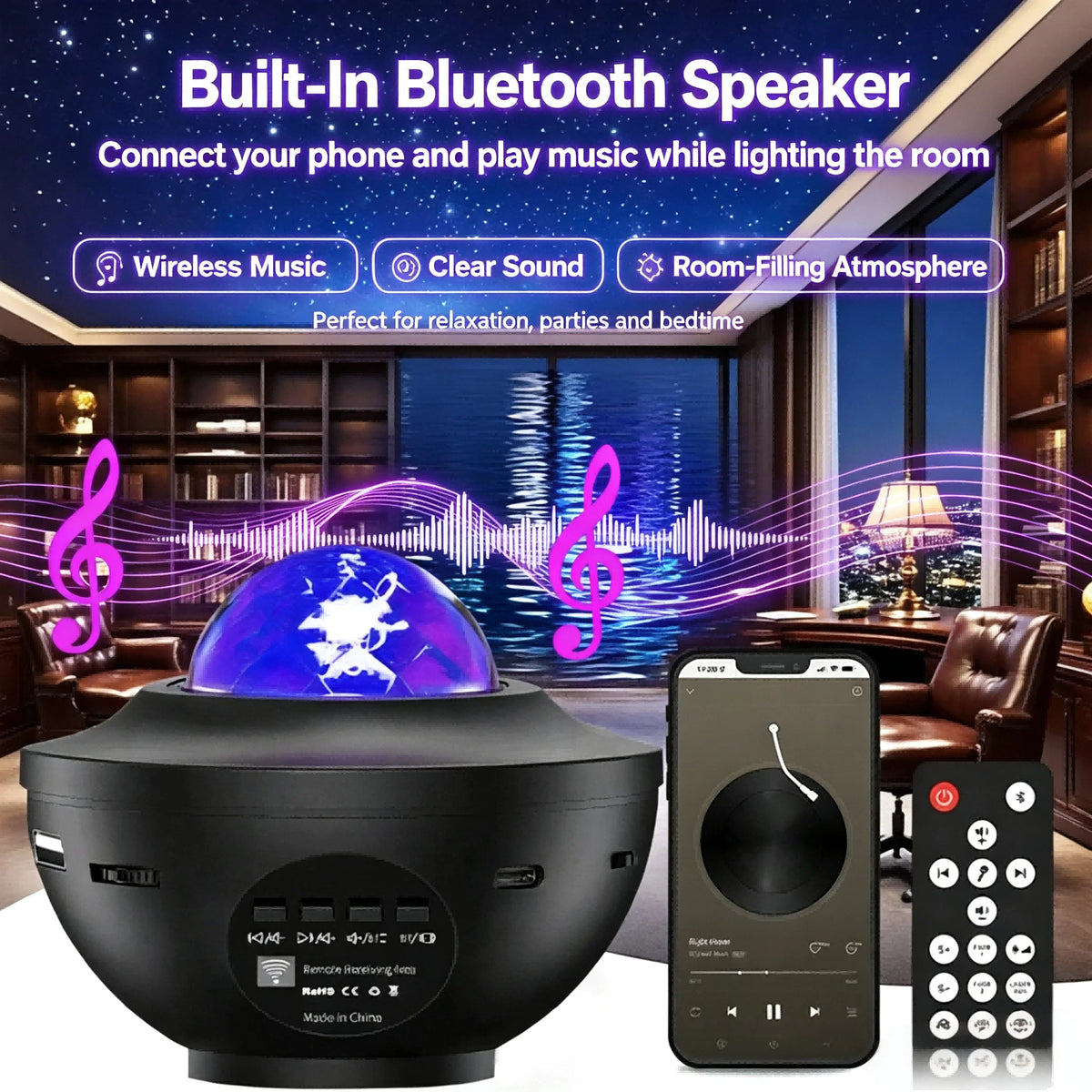 projecteur d'étoiles bluetooth télécommande veilleuse led nuit ambiance chambre transparent moderne