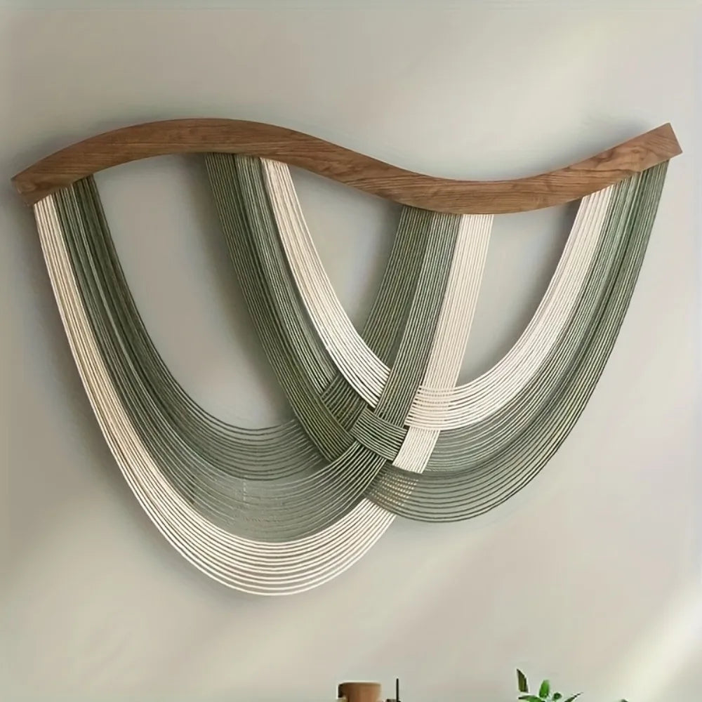 tapisserie murale coton spirales vert blanc marron moderne salon chambre decoration bohème pompons cadre