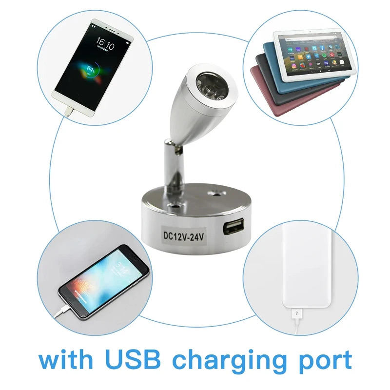 lampe lecture led argentée moderne fixée mur éclairage usb 12v 24v tactile variante intensity