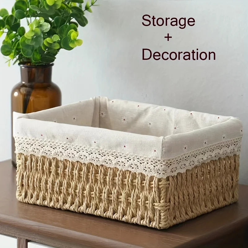 panier rotin dentelle blanche motifs simples rustique décoration intérieure tissu amovible beige clair