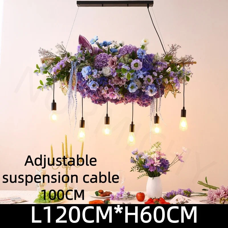 suspension lumineuse moderne violet fleurs artificielles chaîne noire led guirlande interrupteur tactile 2000lm