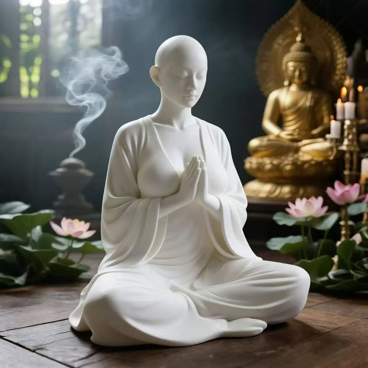 statue méditation blanche texture lisse minimaliste décoration intérieure zen spiritualité amour salon chambre yoga