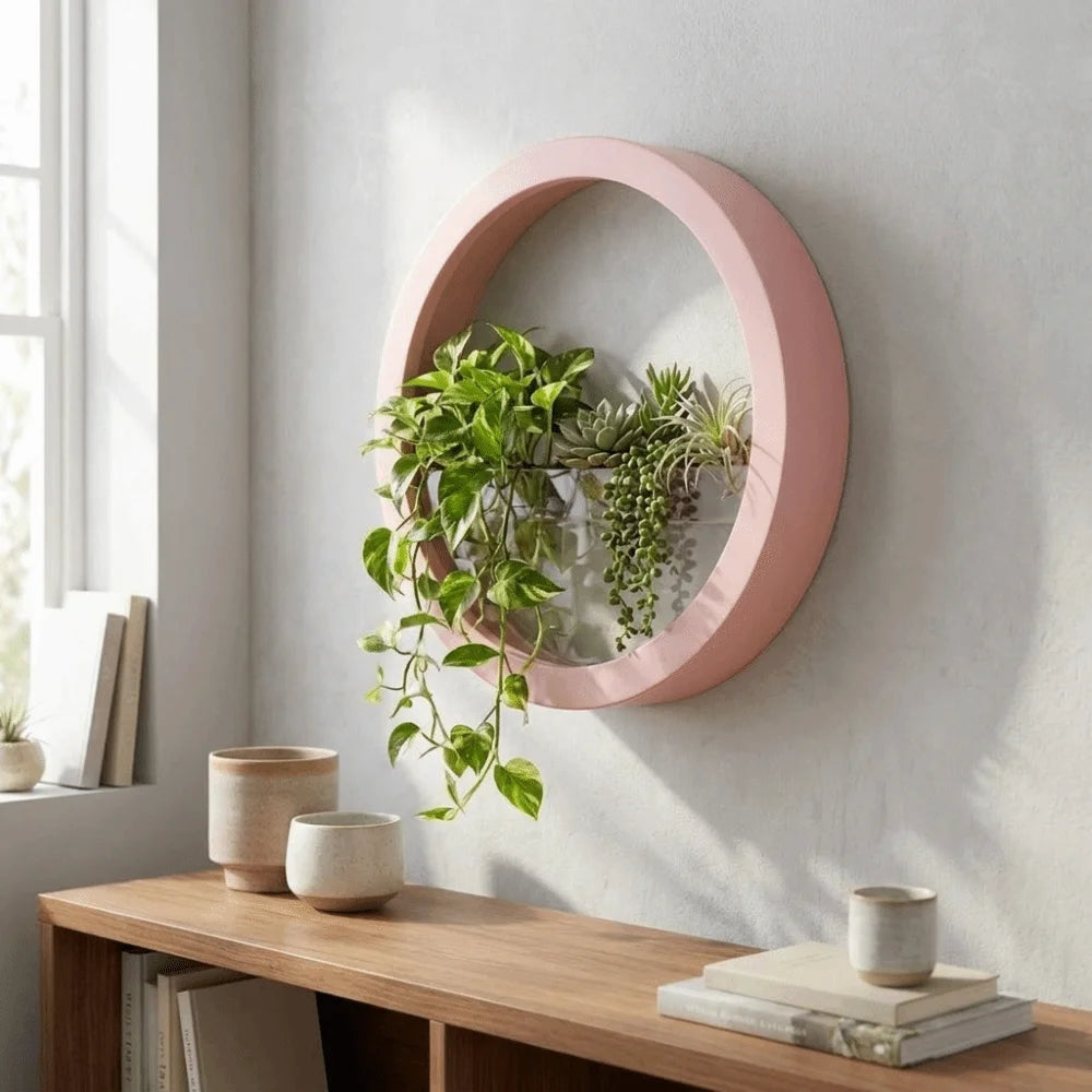 cache plantes circulaire moderne noir blanc bleu rose minimaliste fixation murale gravier blancintérieur