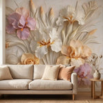 papier peint mural fleurs relief floral beige classique adhésif chambre salon decoration moderne