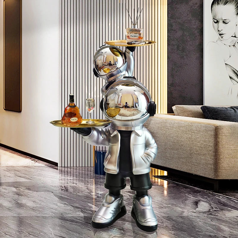 statue astronaute décoration moderne argentée turquoise gris doré art collection maison