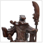 statue décorative traditionnelle asiatique guerrier armure base motif ondulés pièces monnaie chinoises