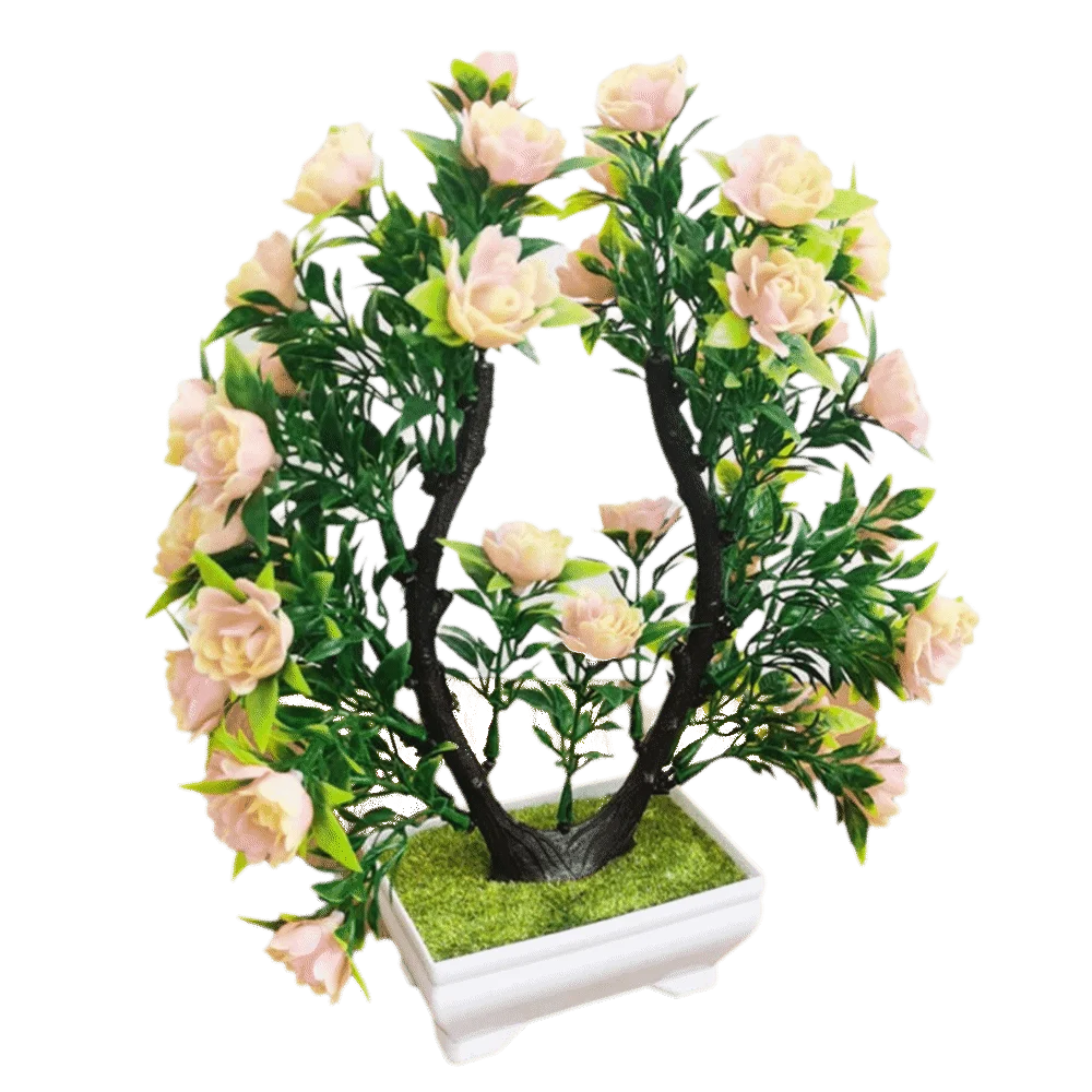 plantes artificielles bonsaï violet rose blanc jaune rouge pot carré mousse verte décoration intérieure