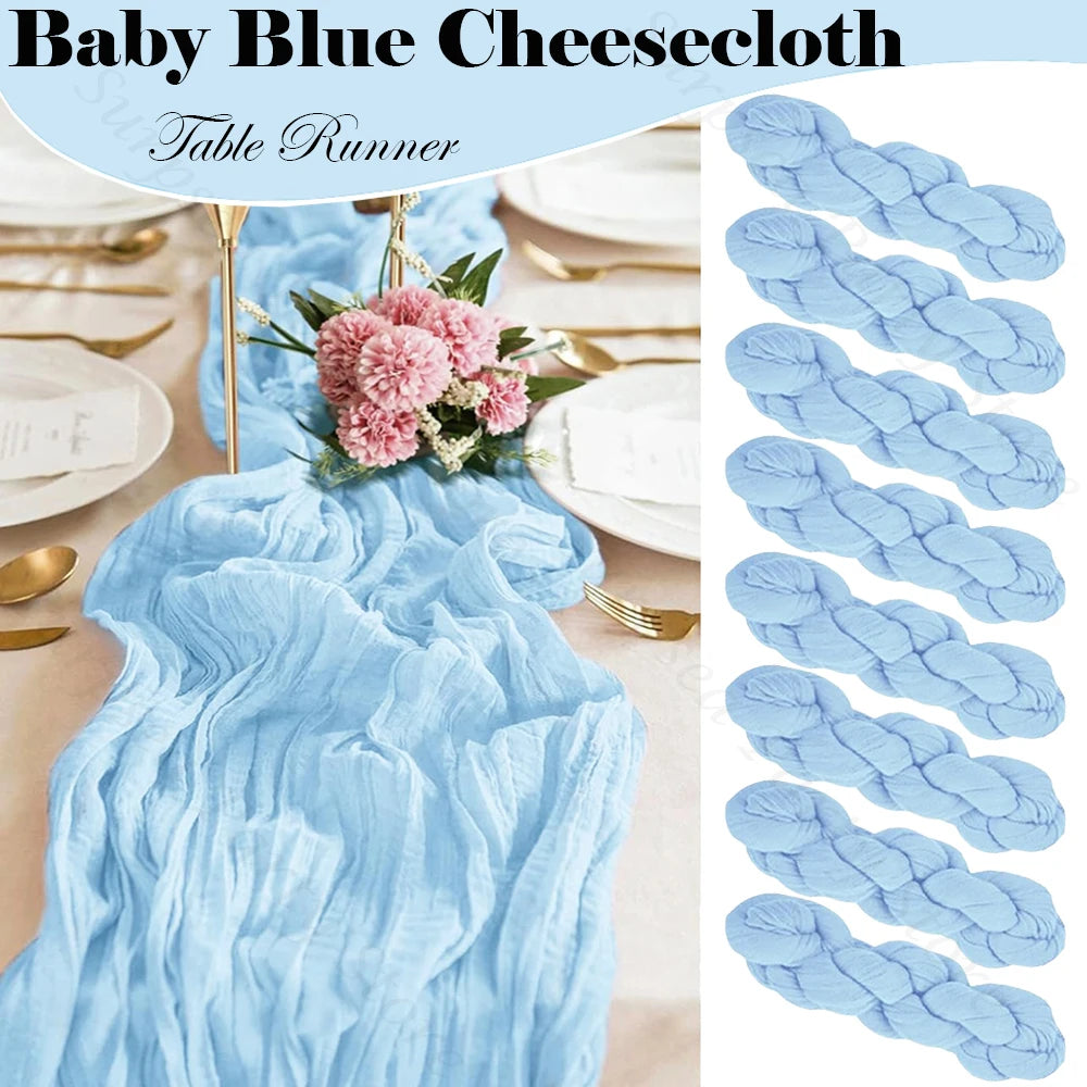 chemin table bleu pastel gaze rustique boho chic décoration mariage fête maison longue