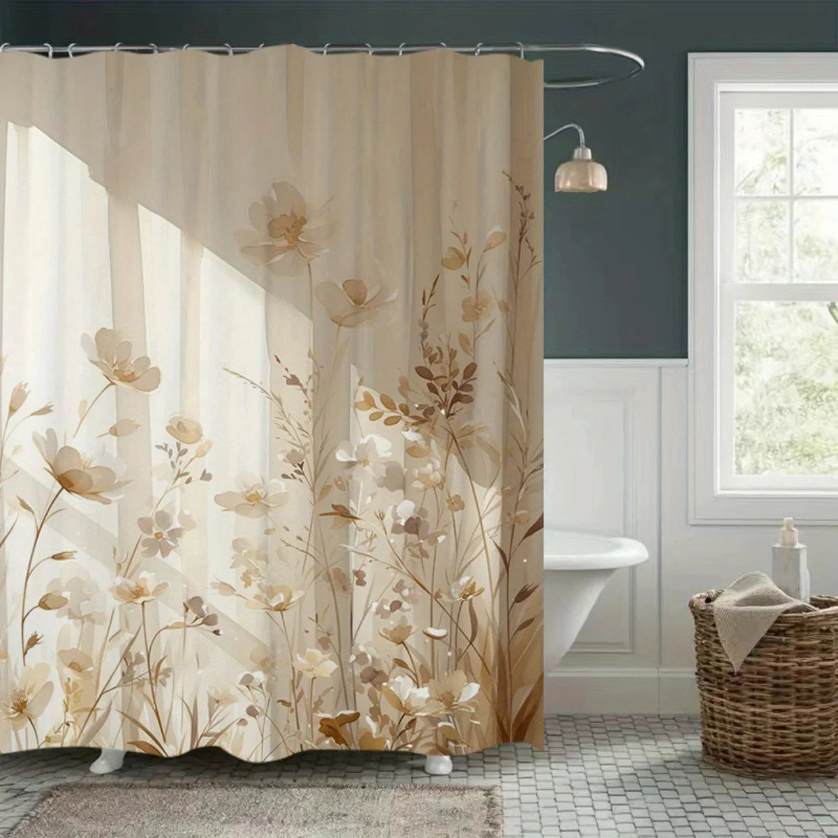 rideau douche moderne fleurs stylisées beige opalescent polyester jacquard naturel élégant salle bain respectueux