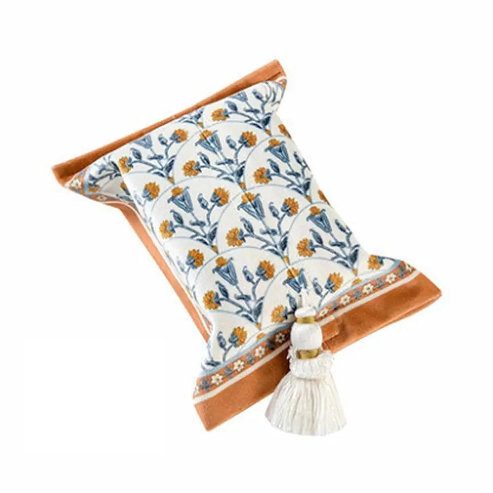 Sac mouchoirs vintage floral orange blanc bleu tassel boho chic decoration reusable