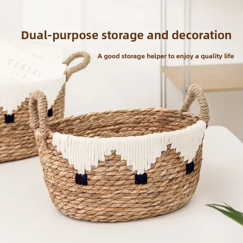 panier tissé rotin naturel blanc noir franges motifs ethniques boho respectueux environnement