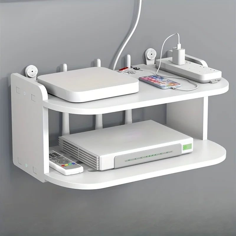 Support mural décodeur TV double étagère blanc sans perçage Ombre Interieur