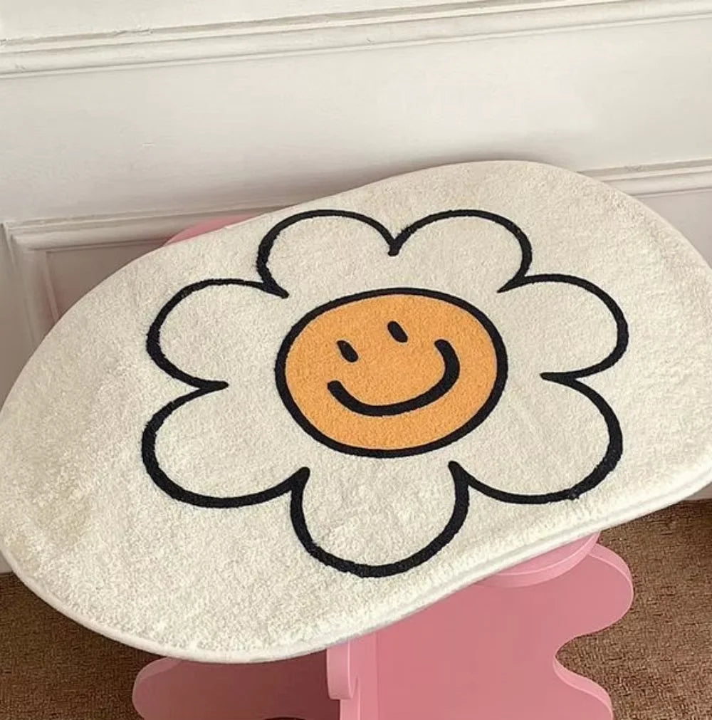 tapis moderne imperméable adhésif proteger resistant decolore sourire fleur chambre salon blanc beige orange