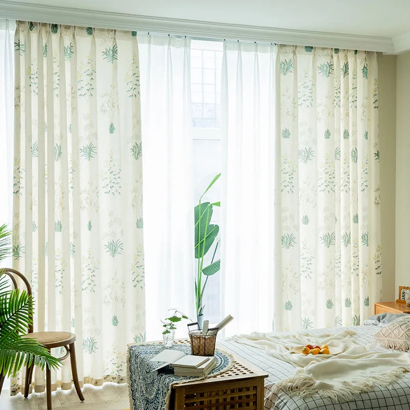 rideau semi transparent fleurs beige vert pastel moderne salon chambre maison
