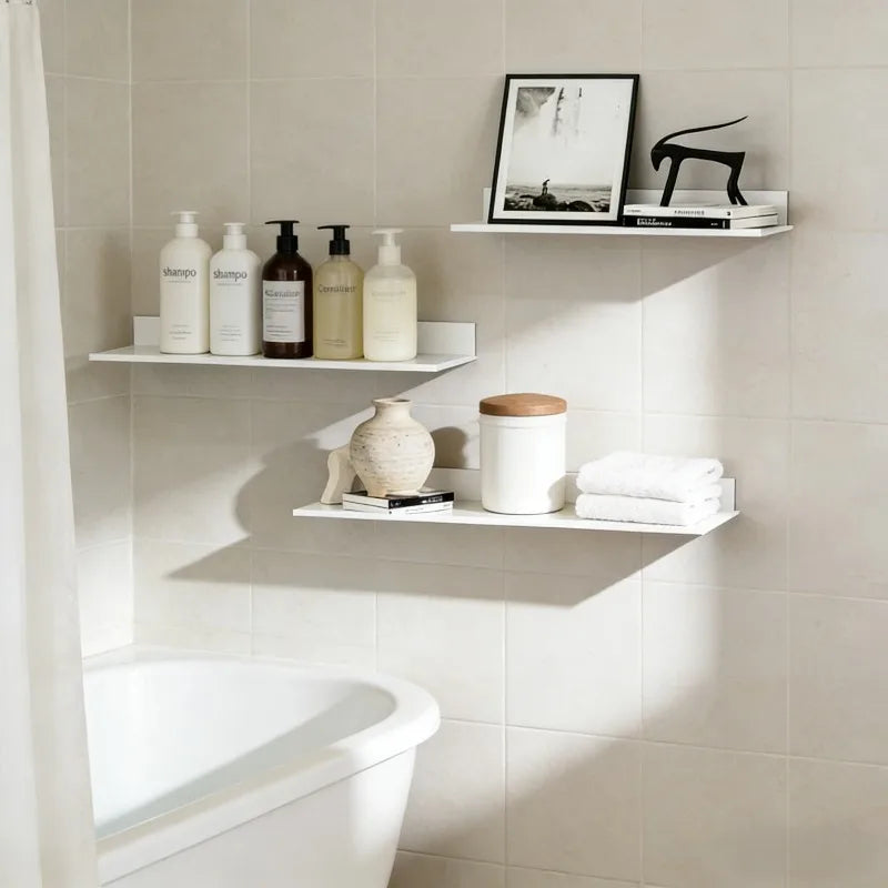 étagères murales adhésives aluminium blanc moderne 40cm 50cm 30cm rangement salle bain chambre cuisine