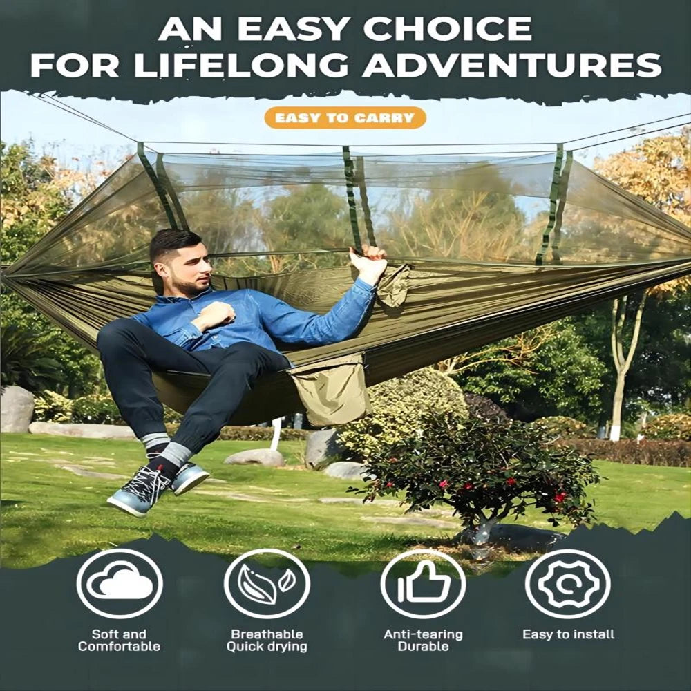 hamac double moustiquaire vert olive blanc tissu confortable transparent pratique léger