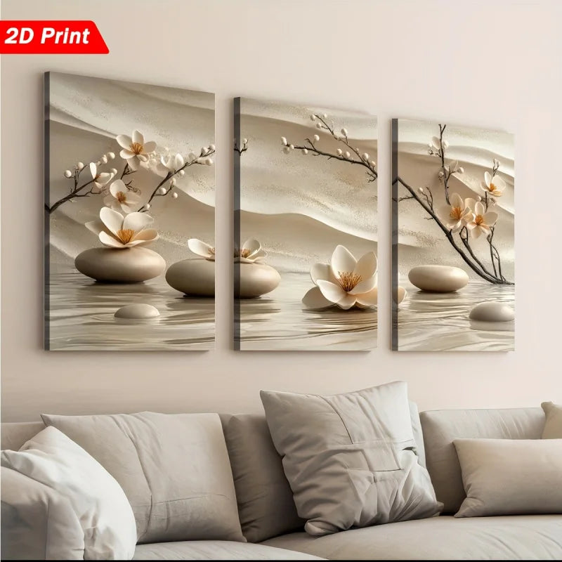 tableaux zen minimaliste fleurs blanches branches pierres eau sable cadre miroir toile impression chambre